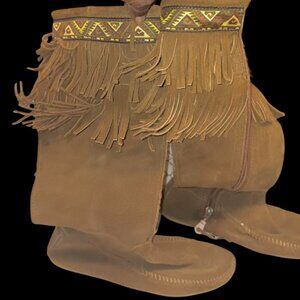 Vintage NWOT Minnetonka Fringe Suede Boot Moccasin Brown size 8